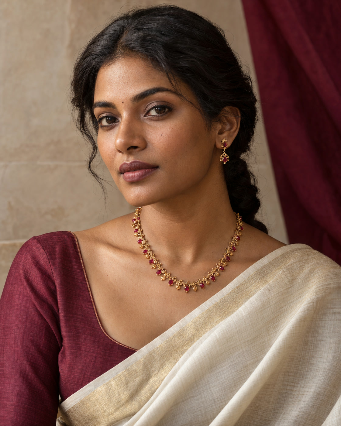 South Indian model in a cream silk saree wearing a gold and ruby necklace
